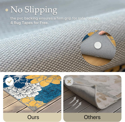 GENIMO Indoor Outdoor Area Rug 6' X 9' Waterproof, Washable Patio Rug Non Shedding, Easy Cleaning Floral Outdoor Carpet for Living Room, Bedroom, Dining Room, Balcony, Backyard, Deck, RV, Blue