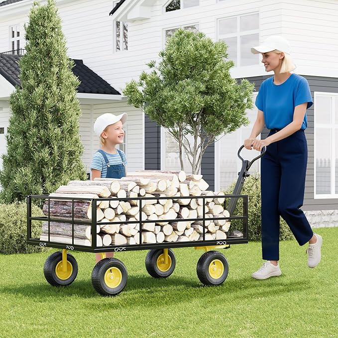 3-in-1 Heavy-Duty Steel Garden Cart, 1200 Lbs Garden Wagon, with 13 Inch All-Terrain Tires and Removable Mesh Side Panels, 180° Rotating Handle, Metal Multi-Function Carts, Outdoor Gardens Wagon Cart