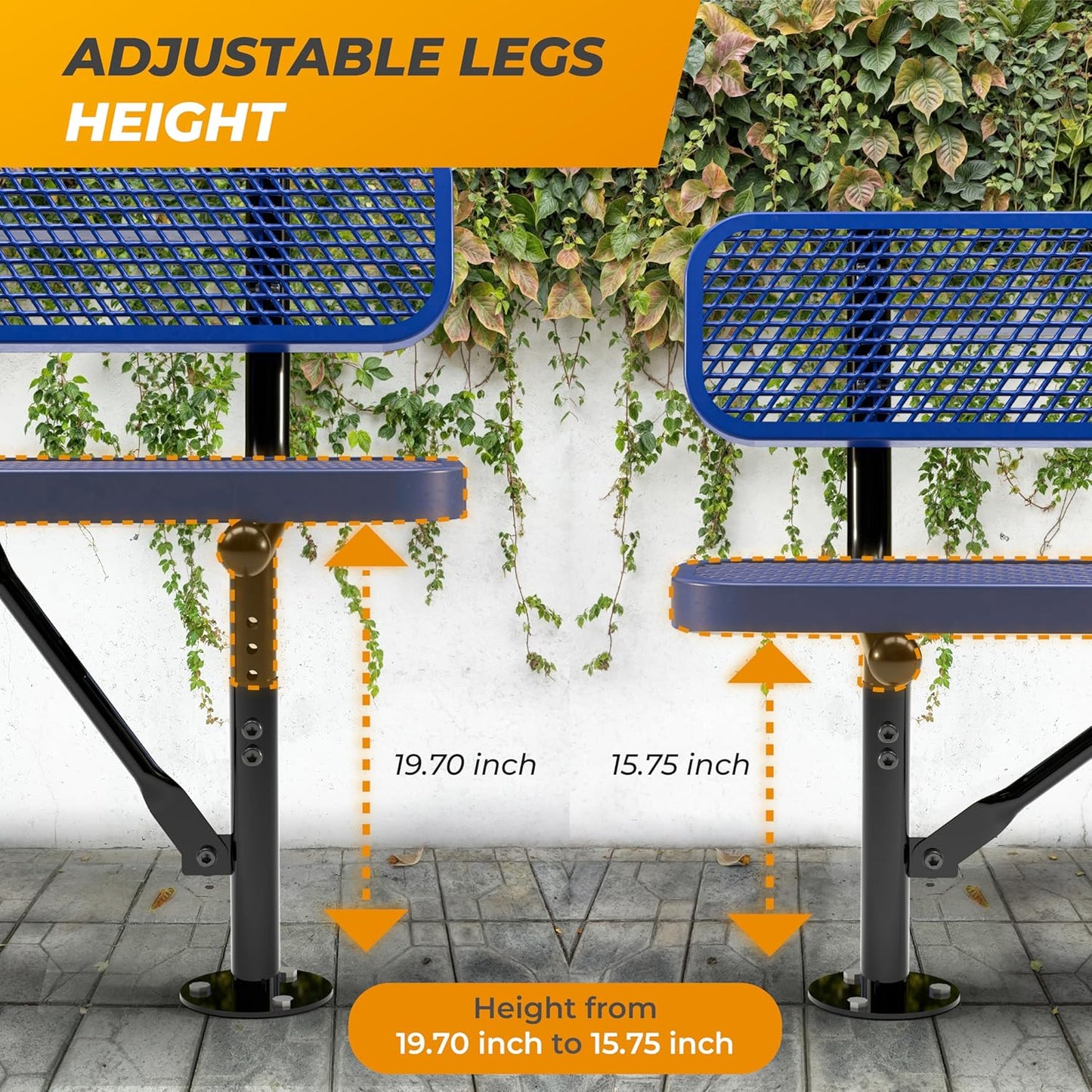 Heavy-Duty Outdoor Metal Bench, Thermoplastic-Coated, Surface, Weatherproof, Commercial-Grade for Parks, Gardens, Patios, Stores & More (4 Ft - Surface with Back, Blue)