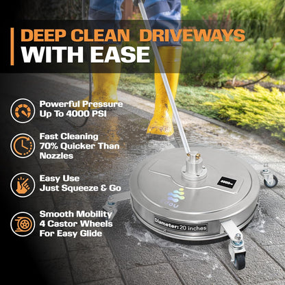 EDOU Pressure Washer Surface Cleaner - 20-Inch Stainless Steel Cleaner, 2 Replaceable Nozzles, 2 Washer Wand Attachments, 4 Wheels - 4000 PSI Maximum Pressure - 1/4" Quick Connector