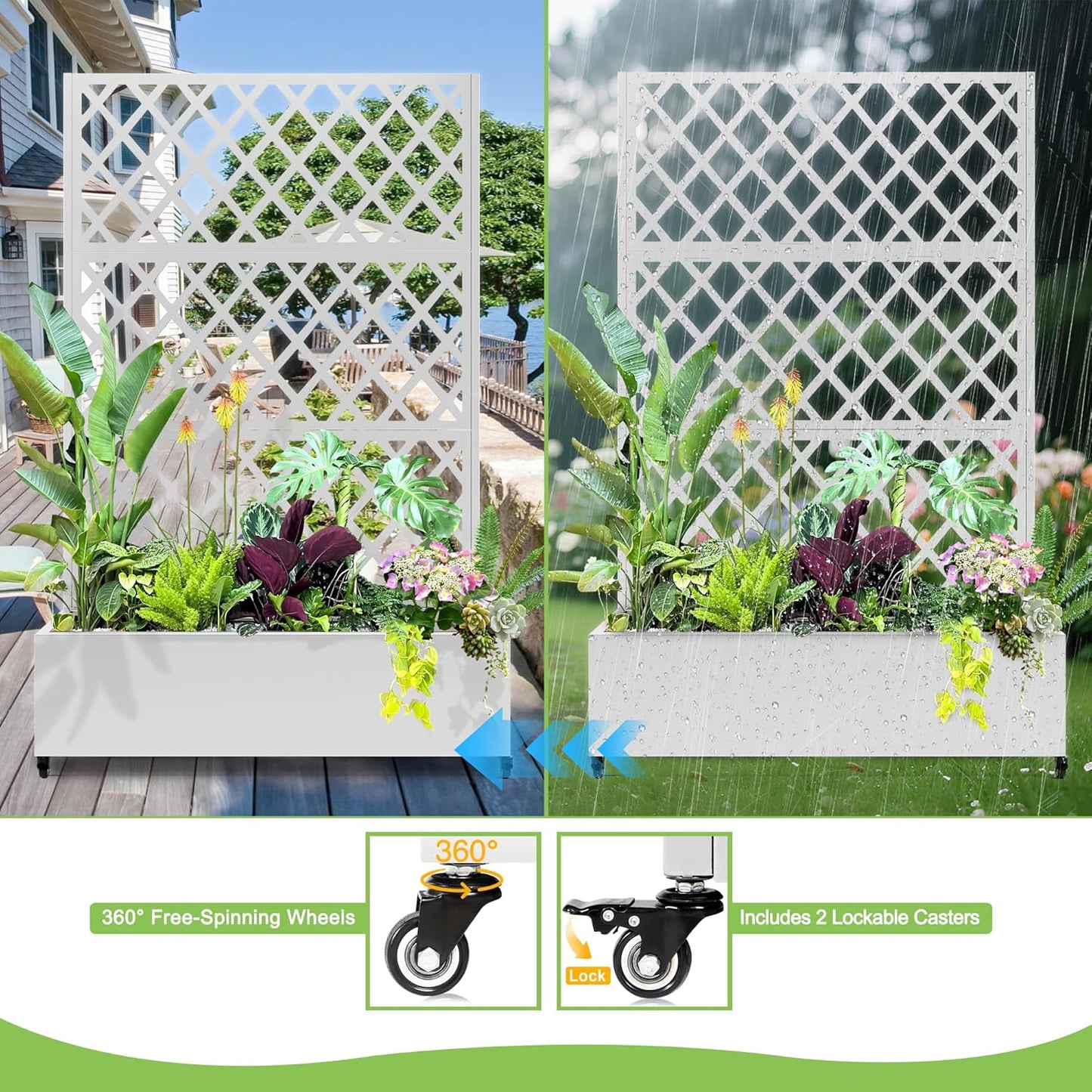 Metal Planter Trellis Box with Wheels & Drain Plug Outdoor Raised Garden Bed Patio Privacy Screen with Planter for Climbing Plants, Vegetables 73"x47"x16" White-Diamond