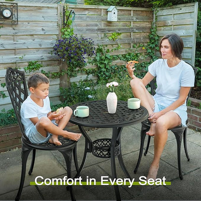 NUU GARDEN 3 Piece Outdoor Bistro Table Set, All Weather Cast Aluminum Patio Bistro Sets Patio Table and Chairs Set of 2 with Umbrella Hole for Yard, Garden, Balcony, Black