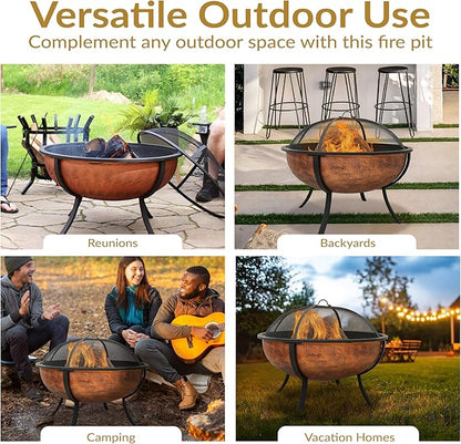 Sunnydaze 32-Inch Copper Fire Pit for Outside - Wood-Burning Fire Pit Bowl with Spark Screen, Wood Grate, and Poker
