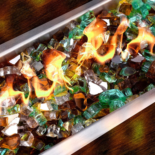 Mr. Fireglass Blended Reflective Fire Glass for Fire Pit Fireplace and Landscaping, 10 Pounds 1/4 Inch Mixed Colored High Luster Fireglass Rocks for Outdoor and Indoor Use Copper+Gold+Light Green
