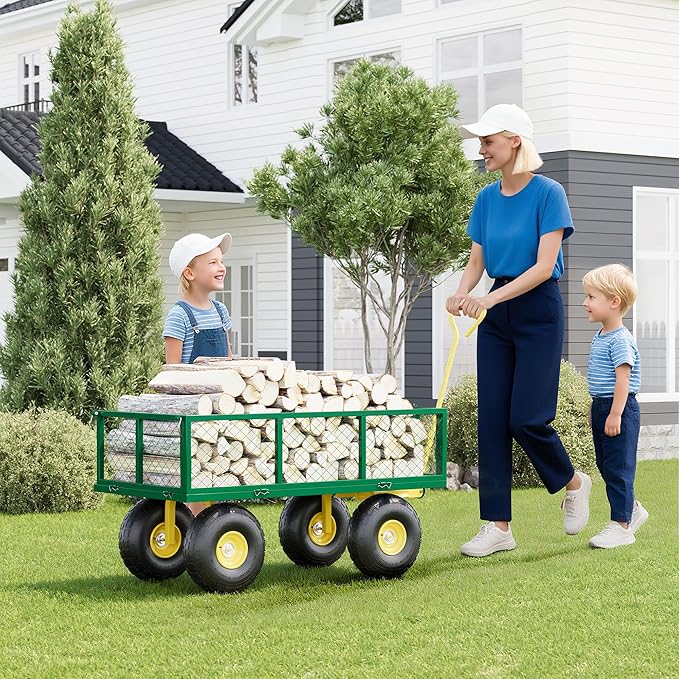 500 Lbs Garden Wagon, 2-in-1 Heavy-Duty Steel Garden Cart, with 10 Inch All-Terrain Tires and Removable Mesh Side Panels, 180° Rotating Handle, Metal Utility Yard Trailer, Outdoor Gardens Wagon Cart