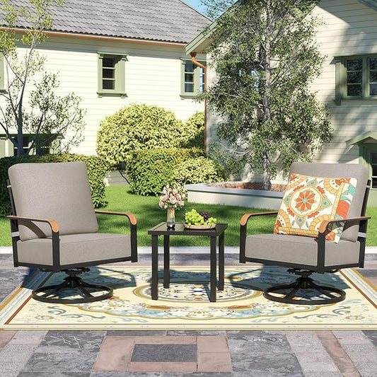 NATURAL EXPRESSIONS Outdoor Bistro Set, 3 Piece Swivel Glider Rocking Chairs Patio Conversation Furniture Set with 2 Rockers, 1 Metal Table and 6" Thick Cushions for Backyard, Porch, Balcony, 350lbs.