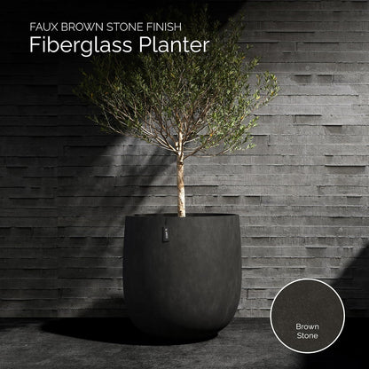 Mondo Large Planter – Brown Stone Finish – Fiberglass Indoor/Outdoor and Weather-Resistant Round Planter (19.7" D x 19.1" H Exterior, 18.5" D x 18.5" H Interior)