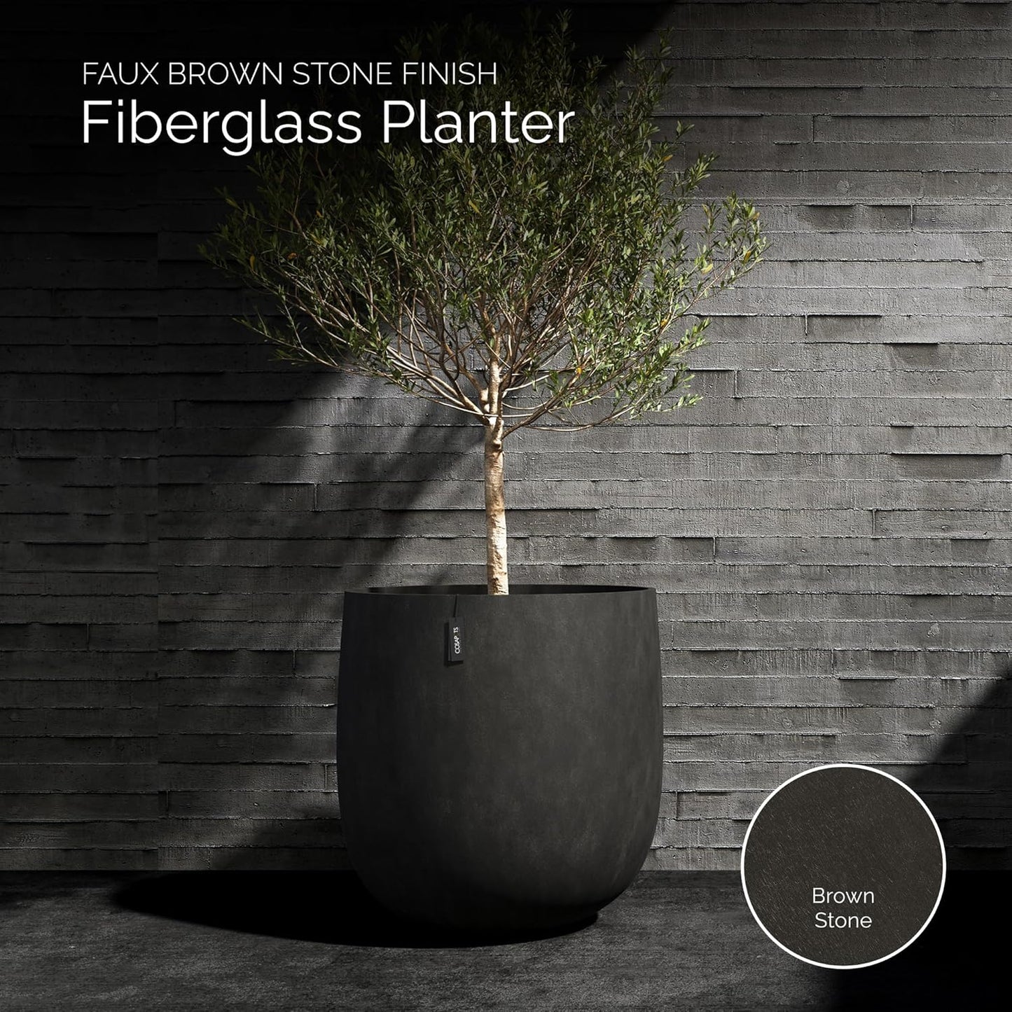 Mondo Large Planter – Brown Stone Finish – Fiberglass Indoor/Outdoor and Weather-Resistant Round Planter (33" D x 31.3" H Exterior, 31.5" D x 30.7" H Interior)