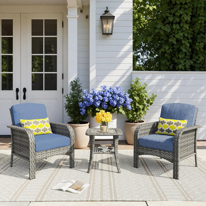 HOOOWOOO Patio Furniture Set,3 Pieces Outdoor Conversation Set,All Weather Wicker Bistro Set Yard Porch High Back Chairs Side Table,Denim Blue