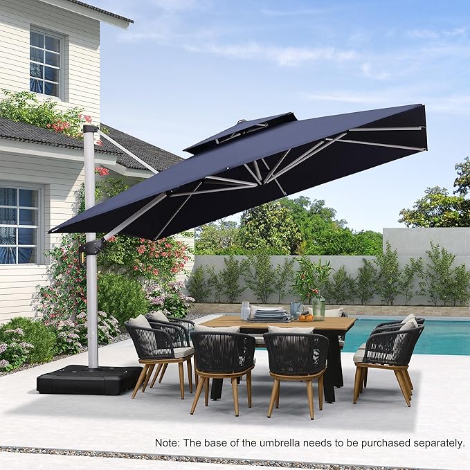 PURPLE LEAF 12 FT Cantilever Patio Umbrellas with Base Included, Large Square Offset Umbrella with 360° Rotation, Outdoor Aluminum Pool Umbrella for Pool Lawn Garden, Navy Blue