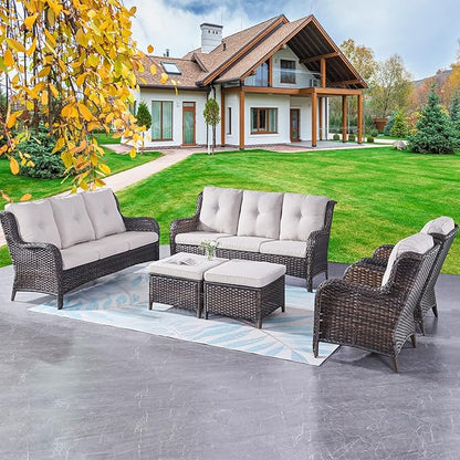 Rilyson Wicker Patio Furniture Set - 6 Piece Rattan Outdoor Sectional Conversation Sets with 2 Sofa,2 Armrest Chairs and 2 Ottomans for Porch Deck Garden(Brown/Beige)