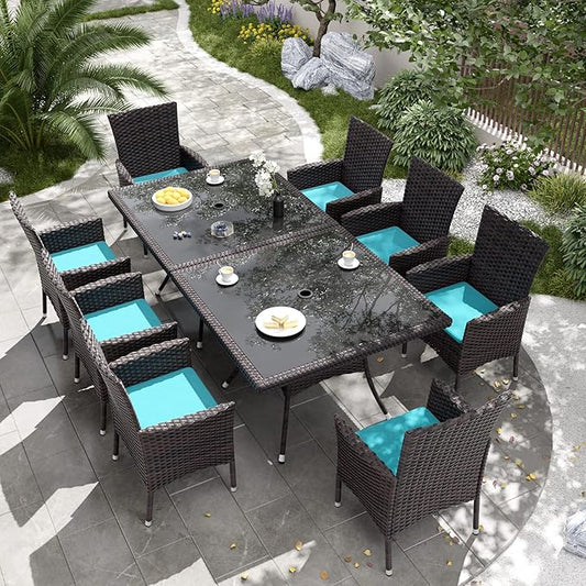 Kurapika 10-Piece Patio Furniture Outdoor Dining Set, Rattan Wicker Patio Dining Table and Chairs Set, Square Tempered Glass Tabletop with Umbrella Hole and 8 Chair Set, Blue