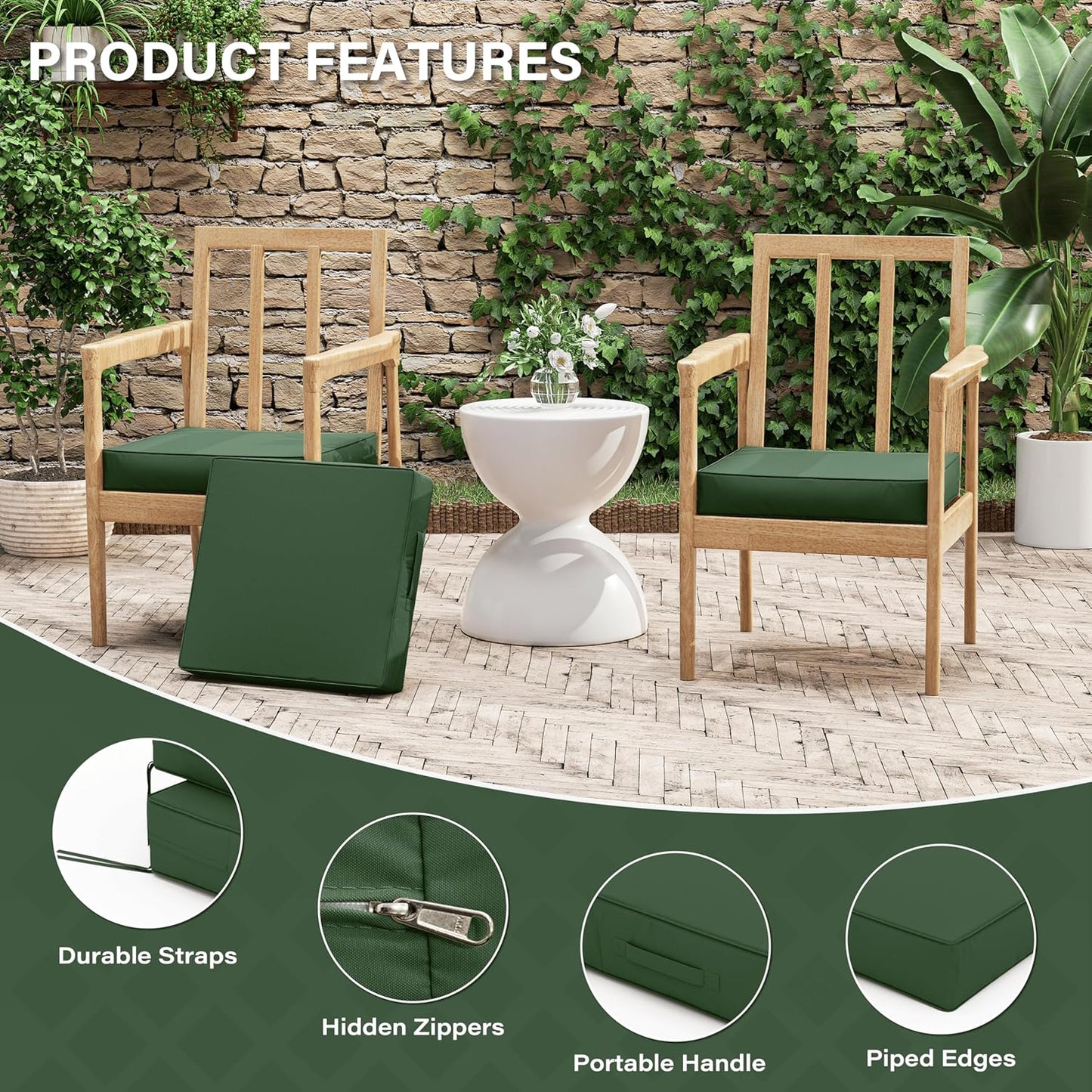 Patio Chair Cushions 17 X 16 X 3 Inch Waterproof Outdoor Seat Cushions for Patio Furniture, Outdoor Sofa Couch Pads with Ties & Handle, Set of 2, Green