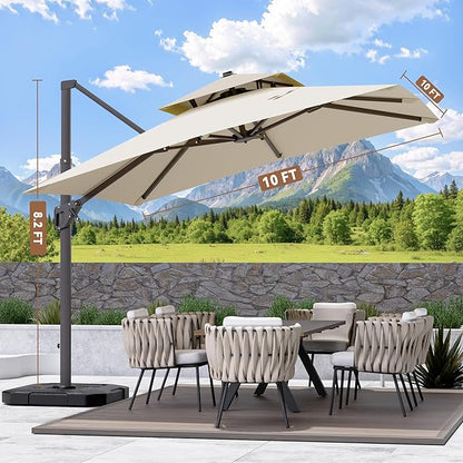 10' X 10' Cantilever Patio Umbrella Outdoor with Base Included Heavy Duty Double Top Windproof Square Offset Umbrellas with 360-degree Rotation for Pool Deck Backyard, Beige