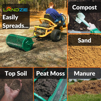 LANDZIE Lawn & Garden Spreaders - 36 Inch Heavy Duty Metal Mesh Basket Push/Tow Spreader - Compost, Peat Moss, Top Soil, Mulch - Durable Lightweight Multi-Purpose Yard Care Equipment - Manure Spreader