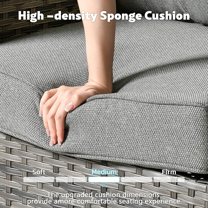 4-Piece Wicker Patio Furniture Set, All-Weather Rattan Conversation Bistro Loveseat Chair and Table Set for Backyard, Balcony and Deck with Soft Cushions and Metal Table(Dark Gray)