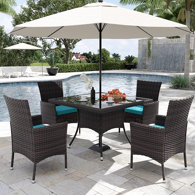 Kurapika 5-Piece Patio Furniture Outdoor Dining Set, Wicker Rattan Patio Dining Table and Chairs Set, Square Tempered Glass Tabletop and 4 Chair Set, Blue