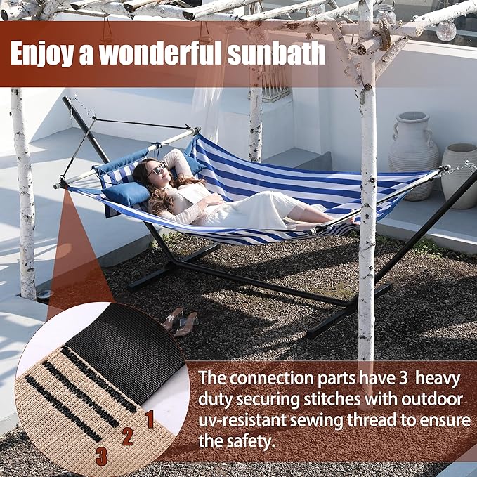 TegerDeger Anti-flip 12FT Hammock Large Hammock 450LB Capacity with Iron Spreader Bar & Nylon Rope for Outside, Patio, Garden, Backyard, Beach - Blue Strips
