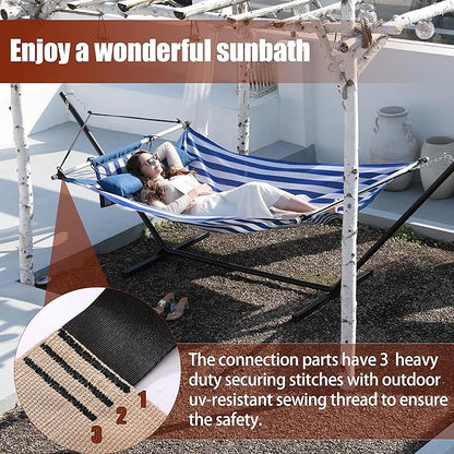 TegerDeger Anti-flip 12FT Hammock Large Hammock 450LB Capacity with Iron Spreader Bar & Nylon Rope for Outside, Patio, Garden, Backyard, Beach - Blue Strips