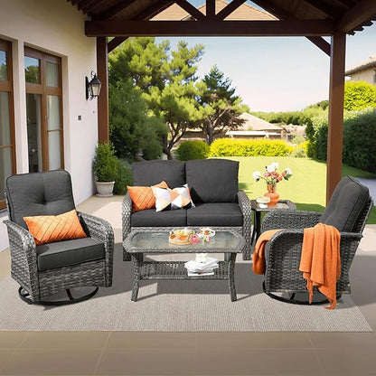 ovios 5 Pieces Patio Furniture Set, Outdoor Wicker Sofa with Swivel Chairs, Coffee Table, All Weather High Back Rattan Loveseat Couch with Comfy Cushions, Black
