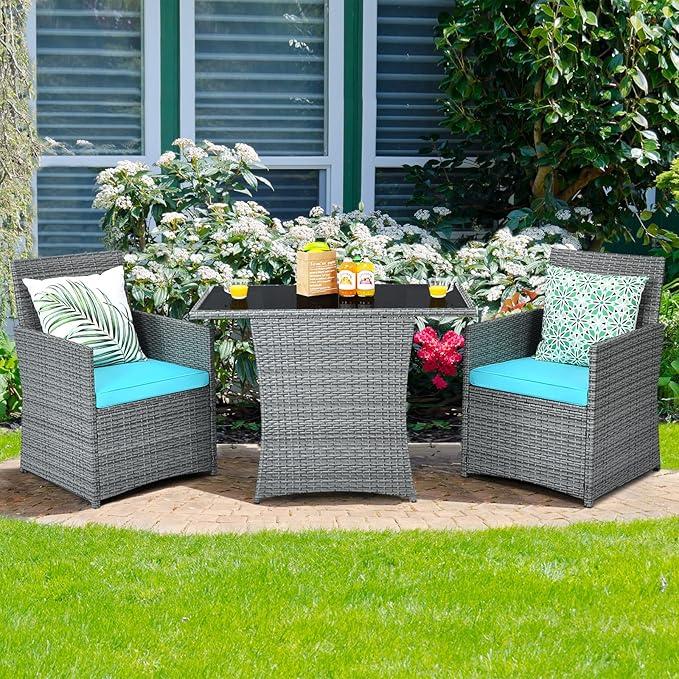 Tangkula 3 Pieces Patio Dining Set, Patiojoy Space-Saving PE Rattan Bistro Set with Tempered Glass Top Table and Cushioned Chairs, Outdoor Conversation Set for Garden, Backyard, Poolside, Porch