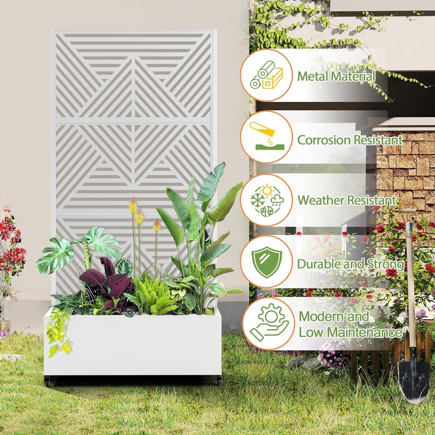 Raised Garden Bed with Trellis and Wheels,73"x35"x16" Metal Raised Garden Bed,White Diamond Metal Planter with Climbing Trellis for Vines & Vegetables