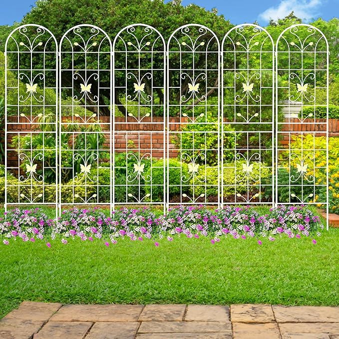 4 Pack Metal Garden Trellis 86.7" White Fence Rustproof Garden Trellis for Climbing Plants Support Roses Flower Outdoor Lawn, Cream White
