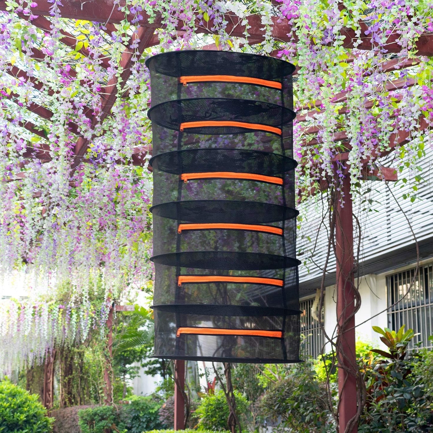 Desy & Feeci Herb Drying Rack-2ft Diameter 6 Layer Folding Mesh Hanging Basket Dryer Net with Zippers for Seeds Flowers Buds Plants Garden Outdoor Bumper Harvest(D24xH47 inch)