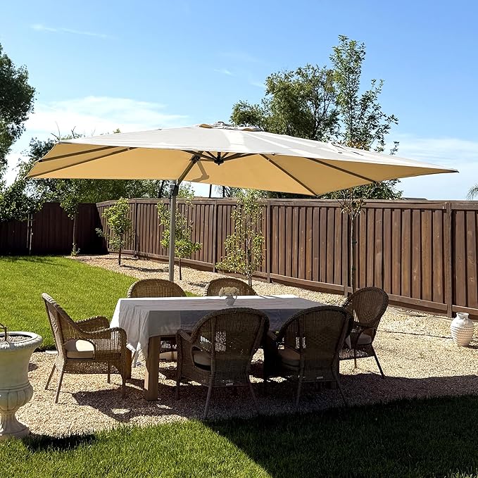 PURPLE LEAF 9' X 11.5' Patio Umbrella, Rectangle Outdoor Cantilever Umbrella, Aluminum Offset Umbrella with Champagne Frame and 360° Rotation for Pool Deck Garden, Beige