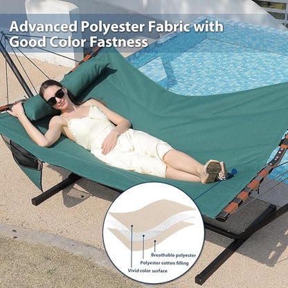 12FT 2 Person Hammock TegerDeger Large Hammock 450LB Capacity with V Shaped Hardwood Spreader Bar & Nylon Rope for Outside, Patio, Garden, Backyard, Beach, Poolside - Dark Green