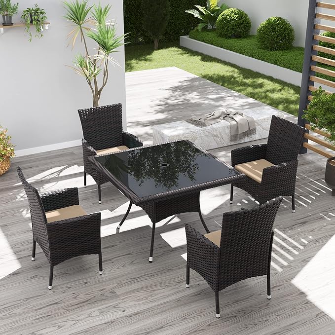 Kurapika 5-Piece Patio Furniture Outdoor Dining Set, Wicker Rattan Patio Dining Table and Chairs Set, Square Tempered Glass Tabletop with 4 Chair Set, Sand