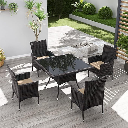 Kurapika 5-Piece Patio Furniture Outdoor Dining Set, Wicker Rattan Patio Dining Table and Chairs Set, Square Tempered Glass Tabletop with 4 Chair Set, Sand