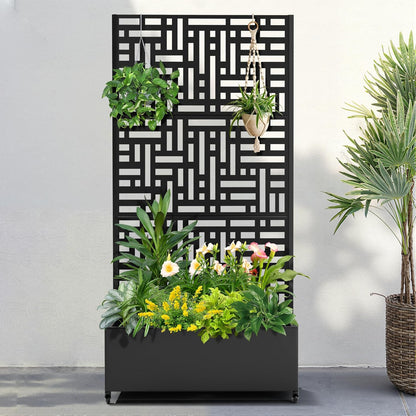 FENCY Metal Raised Garden Bed with Wheels and Trellis,73"x35"x16" Planter Box for Climbing Plants, Vegetables & Vines, Features Privacy Screen and Drainage Holes (Black-Geometric Lattice)