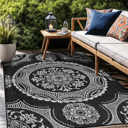 Medallion Outdoor Rug 6x9 Washable Outside Carpet for Indoor Patio Porch Waterproof Easy Cleaning Non Shedding Area Rugs Black 6 x 9