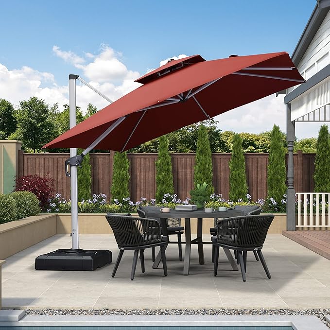 PURPLE LEAF 10 FT Cantilever Patio Umbrellas with Base Included, Large Square Offset Umbrella with 360° Rotation, Outdoor Aluminum Pool Umbrella for Pool Lawn Garden, Brick Red