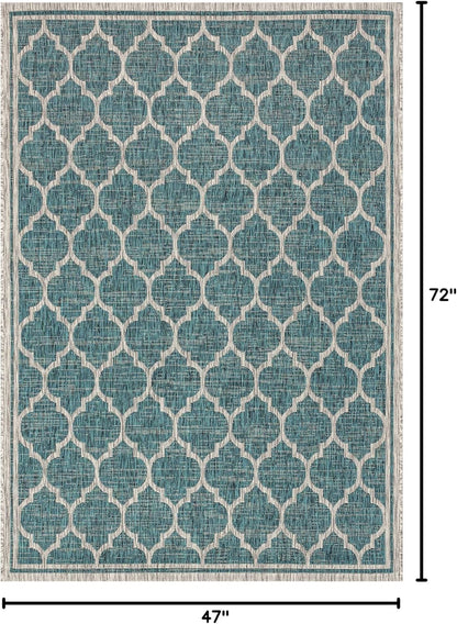 Eyely BMS109E-4 Santa Monica Trebol Moroccan Trellis Textured Weave Indoor/Outdoor Area Rug Coastal;Bohemian, Bedroom, Backyard, Patio, Easy-Cleaning, Non-Shedding, 4 X 6, Teal/Gray