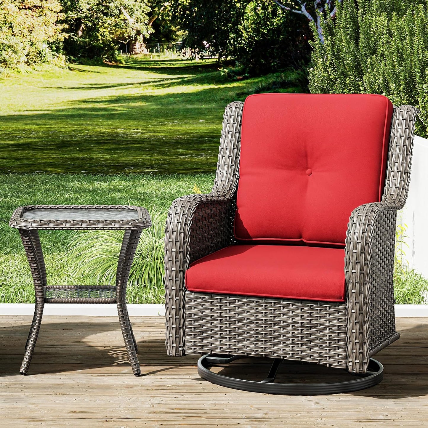 Joyside Outdoor Swivel Rocker Patio Chair and Matching Side Table - 2-Piece Wicker Patio Bistro Set with Premium Fabric Cushions (Brown Mixed with Grey/Red)