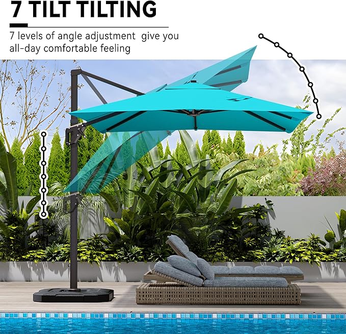 9' X 12' Cantilever Patio Umbrella with Base Included 360°Rotation Rectangular Outdoor Large Offset Umbrellas Heavy Duty Windproof for Garden Deck Pool, Turquoise