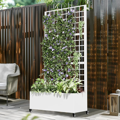 Casaphoria Metal Raised Garden Bed with Trellis and Wheels, 72"x35"x16" Planter Box for Climbing Plants, Vegetables & Vines, Features Drainage Holes and Privacy Screen (White-Square)