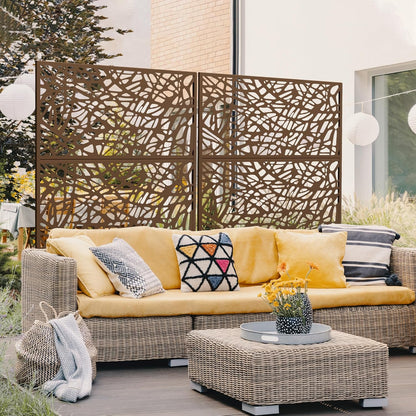 Metal Privacy Screen Outdoor 72" H×47" W,Freestanding Decorative Privacy Screen for Balcony Yard&Garden,Privacy Fence-Brown&Net