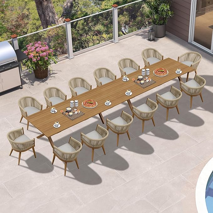PURPLE LEAF 16 Pieces Outdoor Dining Set with Patio Aluminium Dining Table and Wicker Chairs Modern Furniture Cushions Sets for Backyard Indoor Decor Kitchen Teak