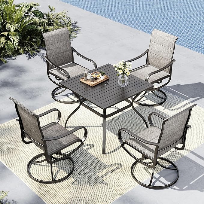 MFSTUDIO Outdoor Dining Set for 4, Patio Table and Chairs Set for Deck Backyard Poolside Garden, 5 Piece Patio Dining Set with Umbrella Hole