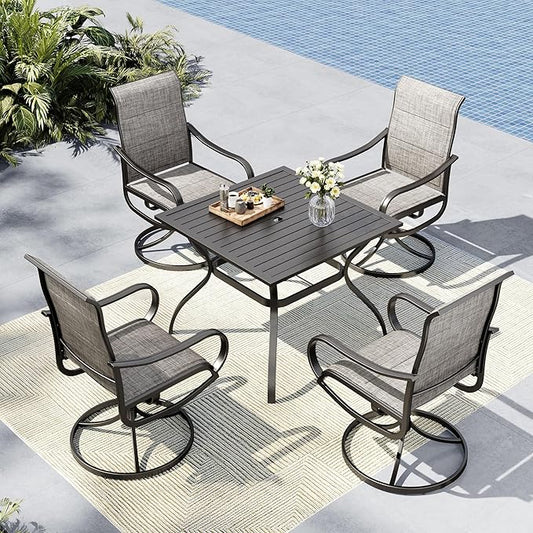 MFSTUDIO Outdoor Dining Set for 4, Patio Table and Chairs Set for Deck Backyard Poolside Garden, 5 Piece Patio Dining Set with Umbrella Hole