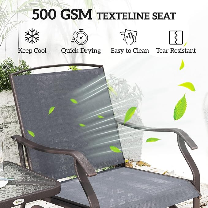 Outsunny 3 Piece Outdoor Glider Chair with Coffee Table Bistro Set, 2 Patio Rocking Swing Chairs with Breathable Sling Fabric, Glass Tabletop, for Backyard, Garden and Porch, Gray