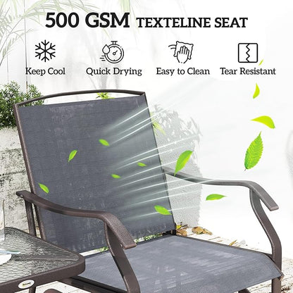 Outsunny 3 Piece Outdoor Glider Chair with Coffee Table Bistro Set, 2 Patio Rocking Swing Chairs with Breathable Sling Fabric, Glass Tabletop, for Backyard, Garden and Porch, Gray