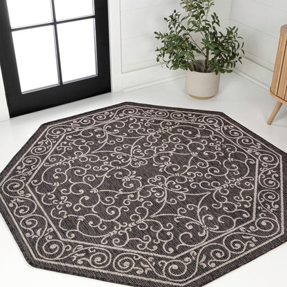 JONATHAN Y SMB106G-8TGN Charleston Vintage Filigree Textured Weave Black/Gray 8' Octagon Indoor/Outdoor Area Rug, Non-Shedding, Stain Resistant,Fade Resistant, Easy-Cleaning for Backyard Patio, Porch