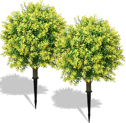 28" Artificial Boxwood Topiary Tree Yellow– UV Resistant Outdoor Faux Topiary Plant, Realistic Fake Topiary Bush for Porch, Patio, Front Door, Fake Evergreen Tree Home Decor