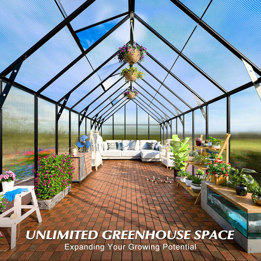 10'x10'x36' Snap-Together Greenhouse - Easy 3-Way Connectors, Heavy-Duty Aluminum Frame, Wind/Snow Resistant for Gardening/Urban Farming, Includes Sliding Door & Ventilation Windows