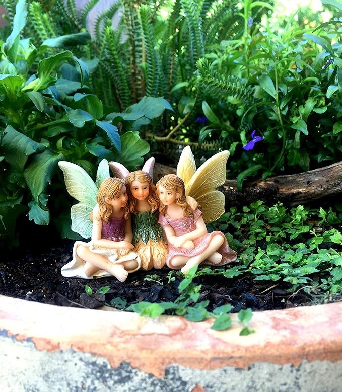 PRETMANNS Fairies for Fairy Garden - Accessories for an Outdoor or Indoor Miniature Garden – Adorable Hand-Painted Resin Figurines – 3 Sitting Sisters 1 Piece