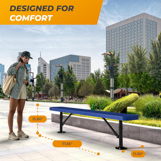 Heavy-Duty Outdoor Metal Bench, Thermoplastic-Coated, Surface, Weatherproof, Commercial-Grade for Parks, Gardens, Patios, Stores & More (6 Ft - Surface, Blue)